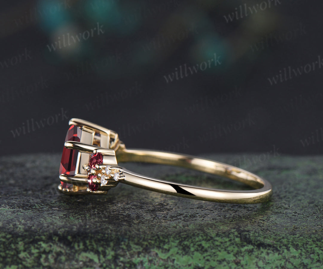Hexagon shape garnet engagement ring pear red garnet moissanite clusters ring January birthstone jewelry gifts for her