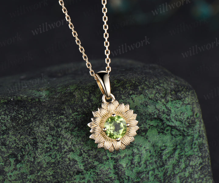 Round cut peridot Sunflower Necklace 14k yellow gold unique Solitaire Pendant women jewelry