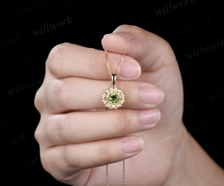 Round cut peridot Sunflower Necklace 14k yellow gold unique Solitaire Pendant women jewelry