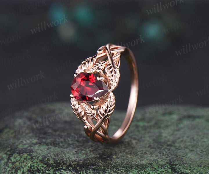 Pear shaped red ruby wedding ring rose gold branch leaf Solitaire infinity engagement ring women Teardrop anniversary gift