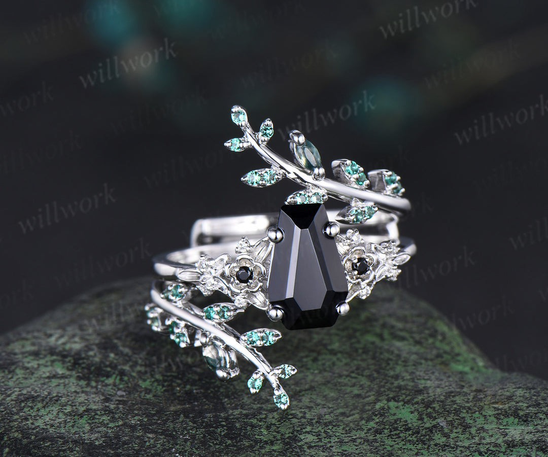 Coffin cut black onyx engagement ring set nature inspired leaf emerald ring white gold wedding band enhancer bridal set women