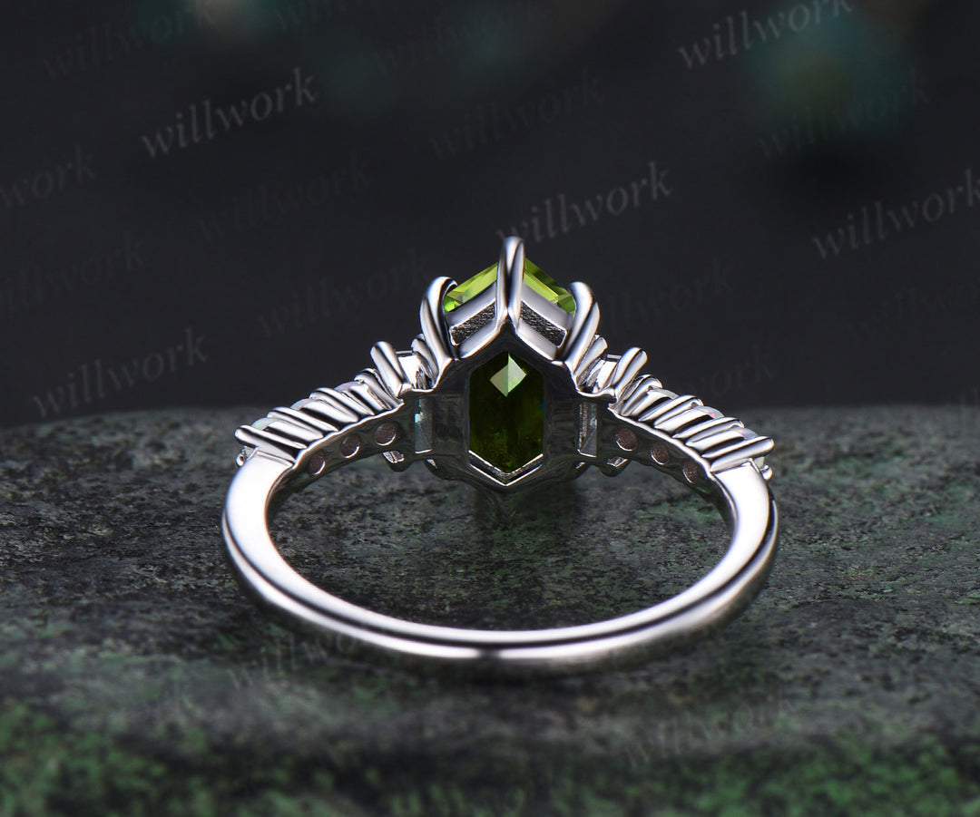 Unique Long hexagon natural peridot engagement ring cluster baguette alexandrite opal wedding ring art deco proposal gifts