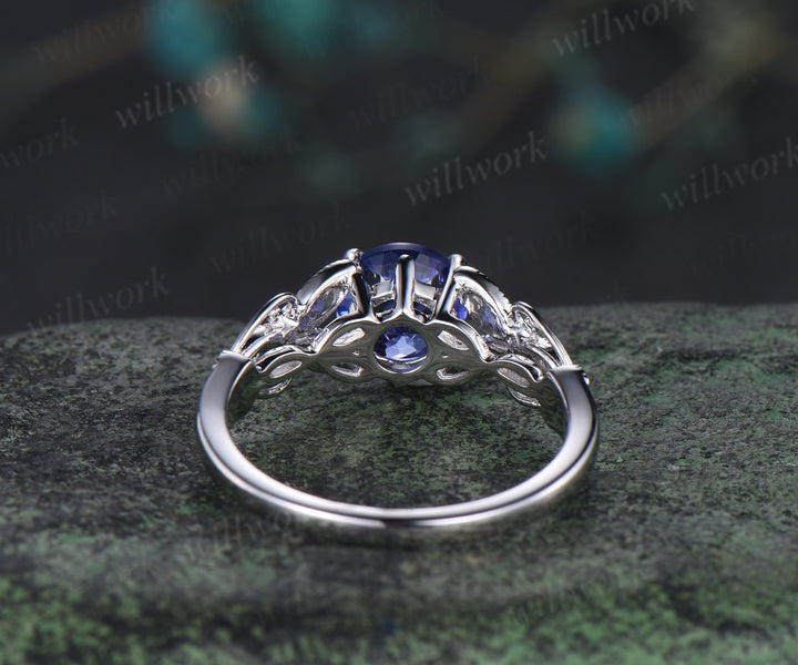 6.5mm Round Blue Tanzanite engagement ring-solid 14k white gold-diamond wedding ring-tanzanite ring wedding ring-Floral art deco ring