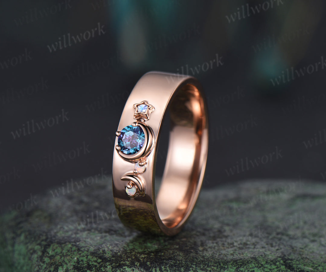 Round cut alexandrite wedding band mens solid 14k rose gold moon star opal moonstone wedding ring gift for husband