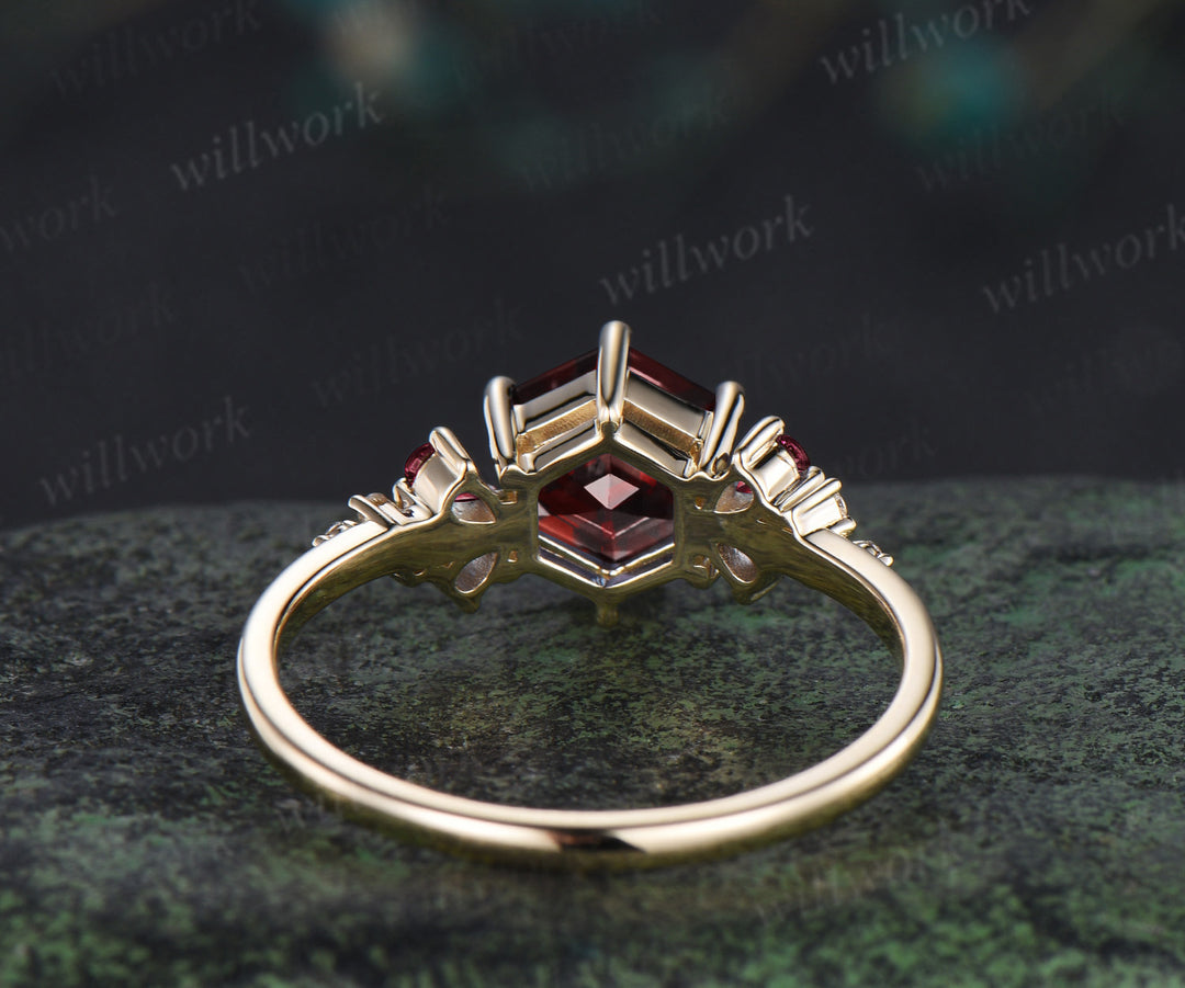 Hexagon shape garnet engagement ring pear red garnet moissanite clusters ring January birthstone jewelry gifts for her