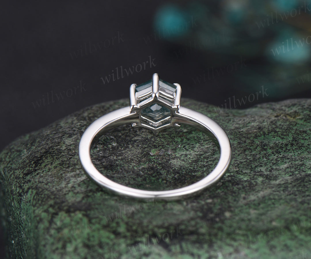 Hexagon cut natural moss agate Solitaire engagement ring women 6 prong Minimalist solid 14k 18k wedding ring gift