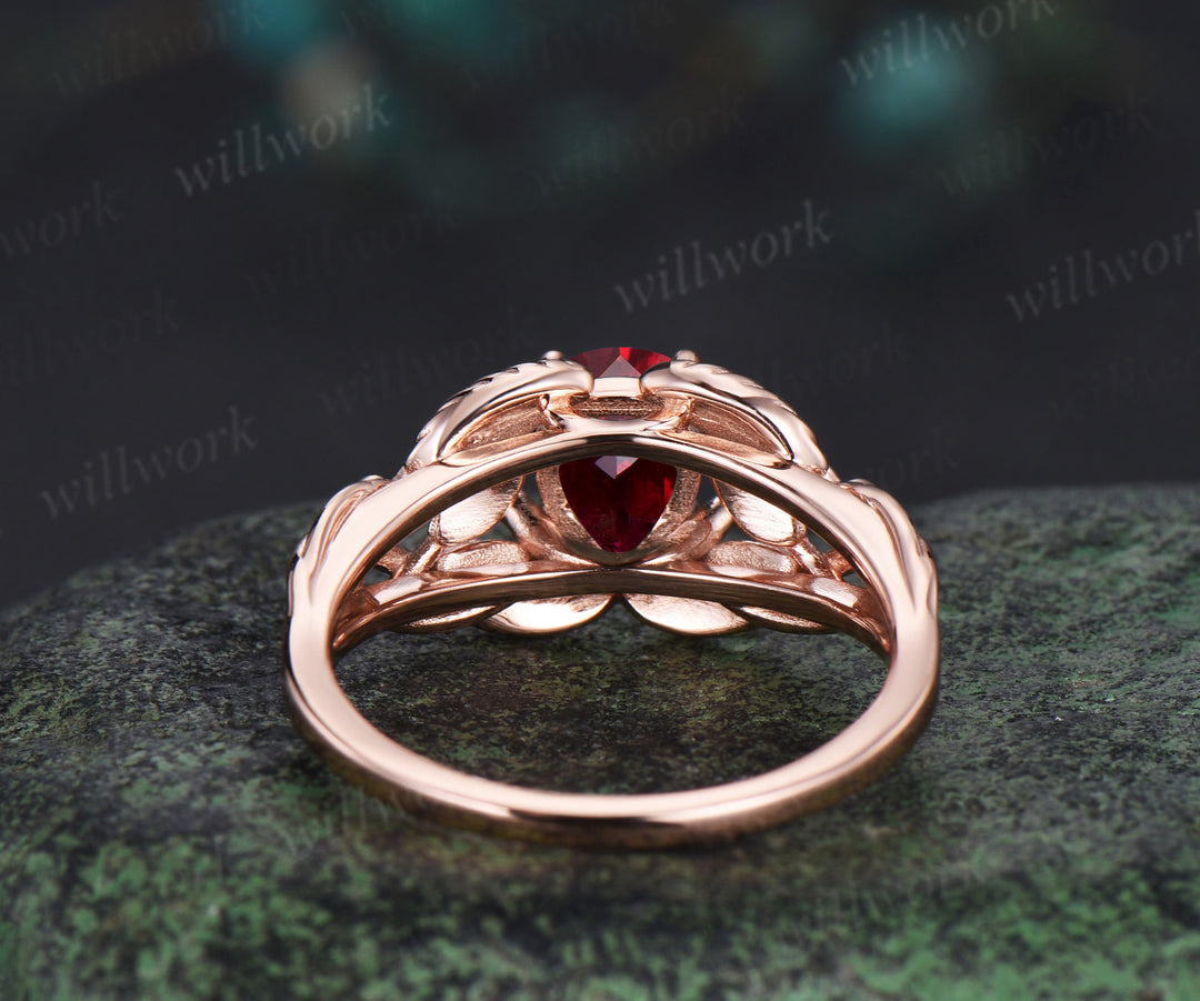 Pear shaped red ruby wedding ring rose gold branch leaf Solitaire infinity engagement ring women Teardrop anniversary gift