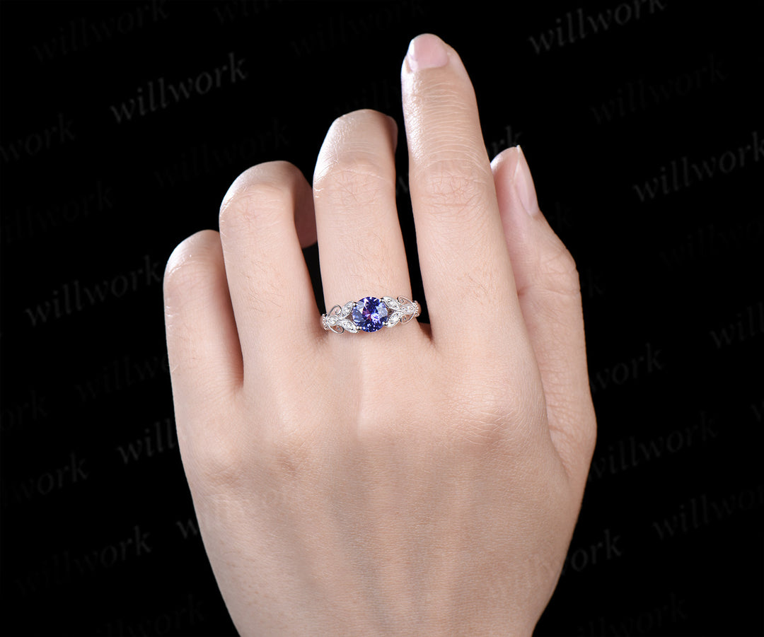 6.5mm Round Blue Tanzanite engagement ring-solid 14k white gold-diamond wedding ring-tanzanite ring wedding ring-Floral art deco ring