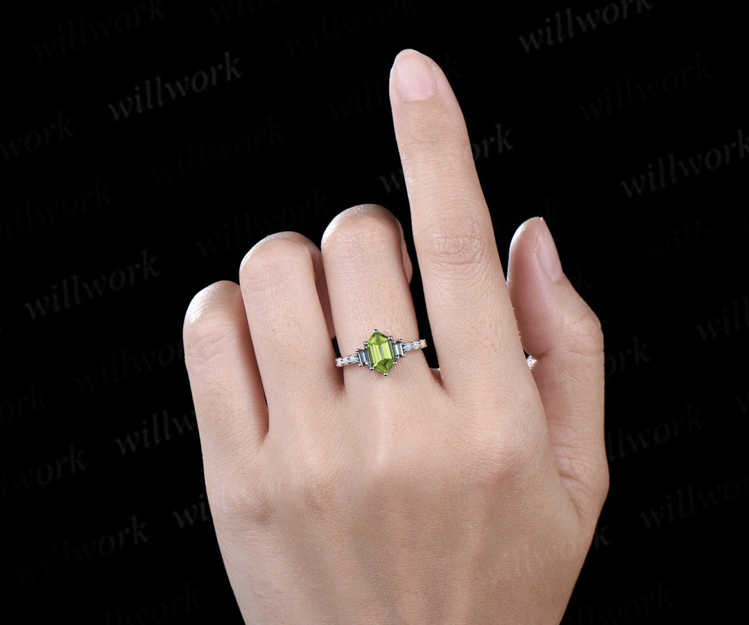 Unique Long hexagon natural peridot engagement ring cluster baguette alexandrite opal wedding ring art deco proposal gifts