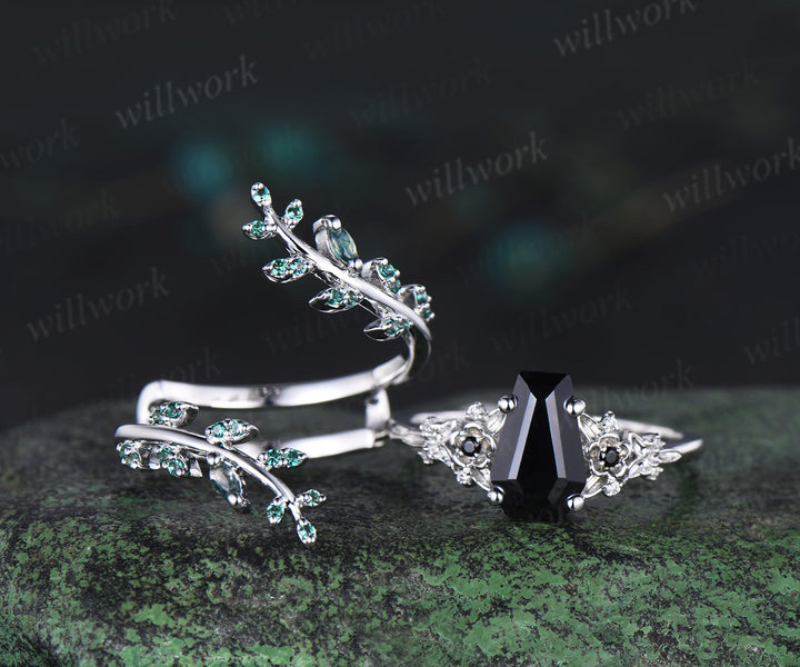 Coffin cut black onyx engagement ring set nature inspired leaf emerald ring white gold wedding band enhancer bridal set women