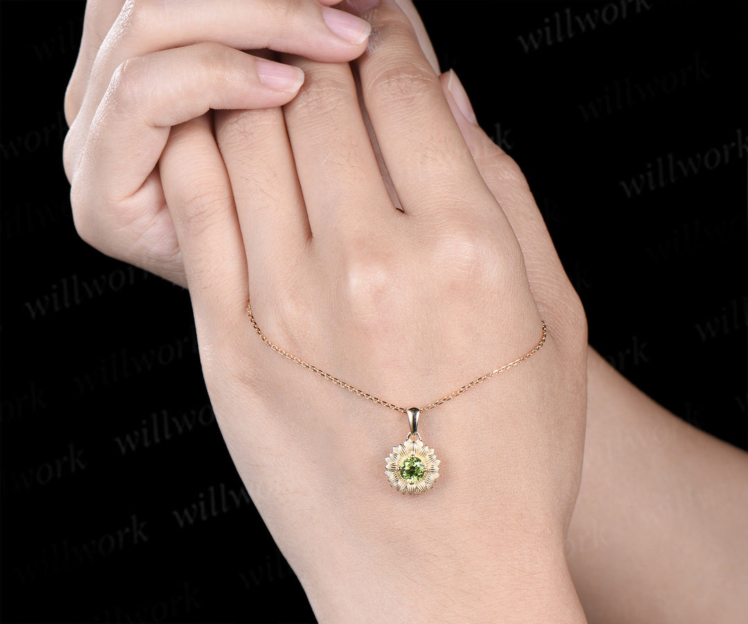 Round cut peridot Sunflower Necklace 14k yellow gold unique Solitaire Pendant women jewelry