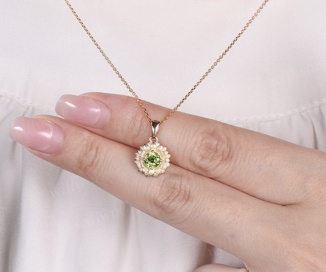 Round cut peridot Sunflower Necklace 14k yellow gold unique Solitaire Pendant women jewelry