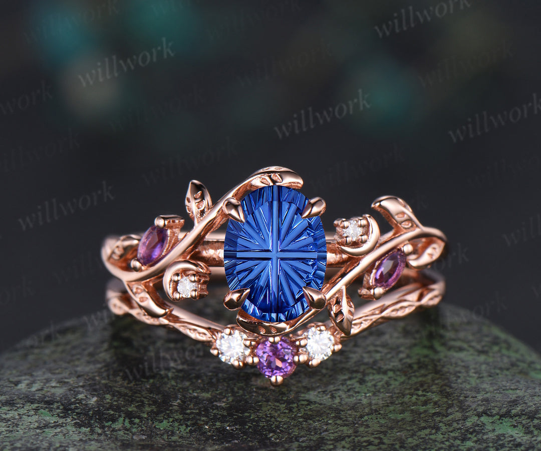 Oval Fantasy Cut Sapphire Leaf Vine Ring Set Marquise Amethyst Art Deco Moon Engagement Ring Curved Matching Band Sep Birthstone Jewelry