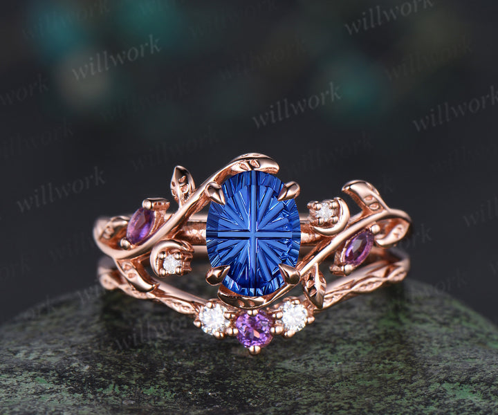 Oval Fantasy Cut Sapphire Leaf Vine Ring Set Marquise Amethyst Art Deco Moon Engagement Ring Curved Matching Band Sep Birthstone Jewelry