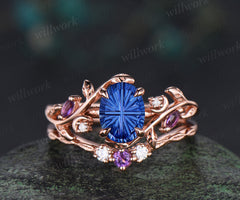 Oval Fantasy Cut Sapphire Leaf Vine Ring Set Marquise Amethyst Art Deco Moon Engagement Ring Curved Matching Band Sep Birthstone Jewelry