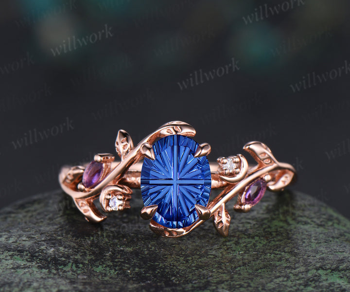 Oval Fantasy Cut Sapphire Leaf Vine Ring Set Marquise Amethyst Art Deco Moon Engagement Ring Curved Matching Band Sep Birthstone Jewelry