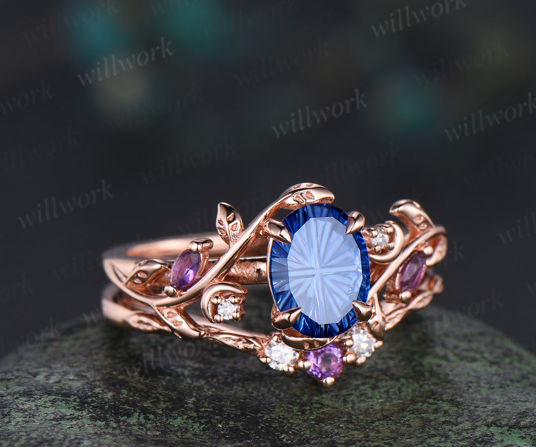 Oval Fantasy Cut Sapphire Leaf Vine Ring Set Marquise Amethyst Art Deco Moon Engagement Ring Curved Matching Band Sep Birthstone Jewelry