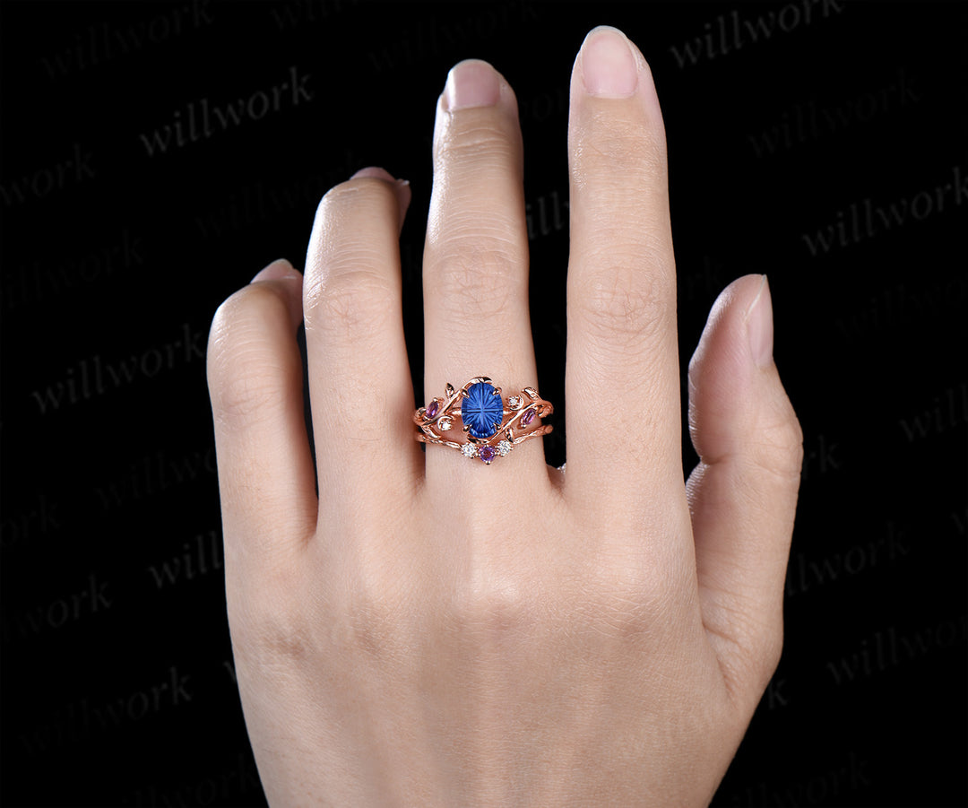 Oval Fantasy Cut Sapphire Leaf Vine Ring Set Marquise Amethyst Art Deco Moon Engagement Ring Curved Matching Band Sep Birthstone Jewelry