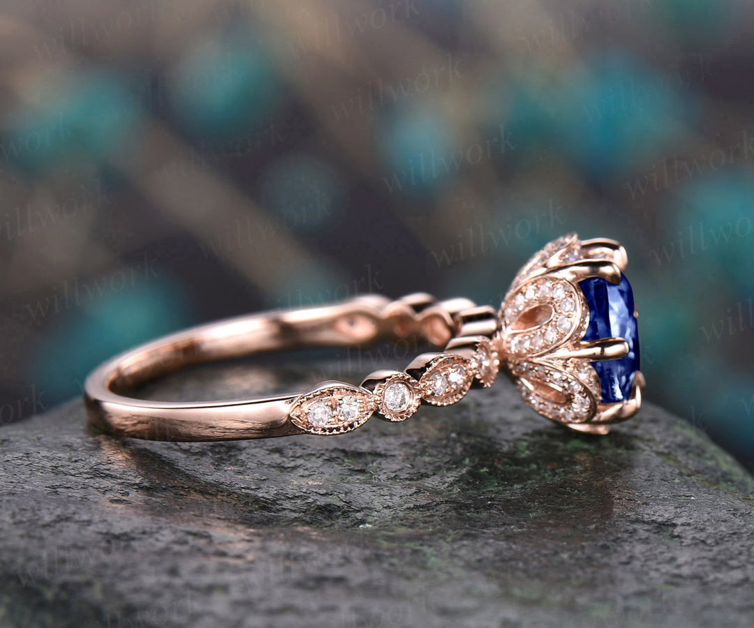 Blue sapphire ring vintage sapphire  engagement ring 14k rose gold for women diamond under halo ring marquise floral wedding ring jewelry