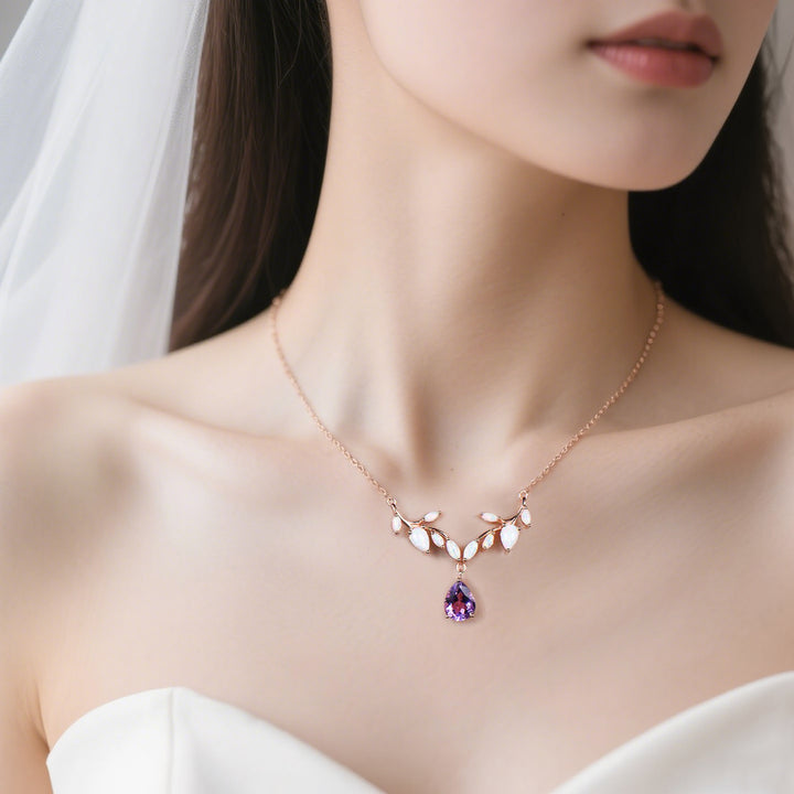 Teardrop amethyst leaf necklace nature inspired marquise opal twig pendant rose gold unique crystal necklace wedding anniversary gifts