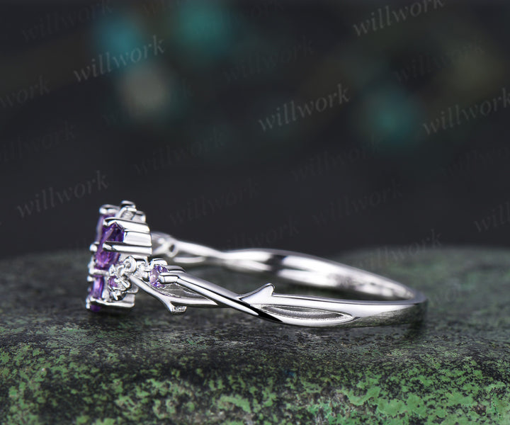 Vintage Butterfly Amethyst Engagement Ring Unique marquise cut purple amethyst silver white gold floral promise ring anniversary gift women