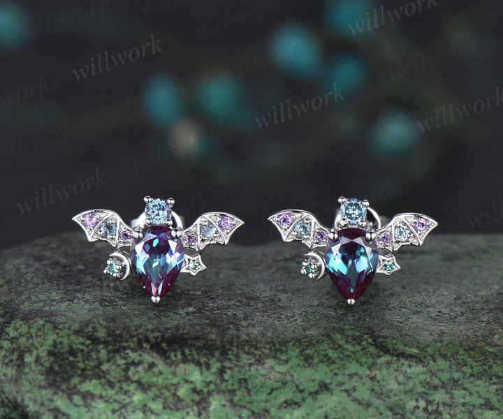 Vintage pear alexandrite bat stud earrings rose gold moon unique earrings emerald amethyst anniversary gift women