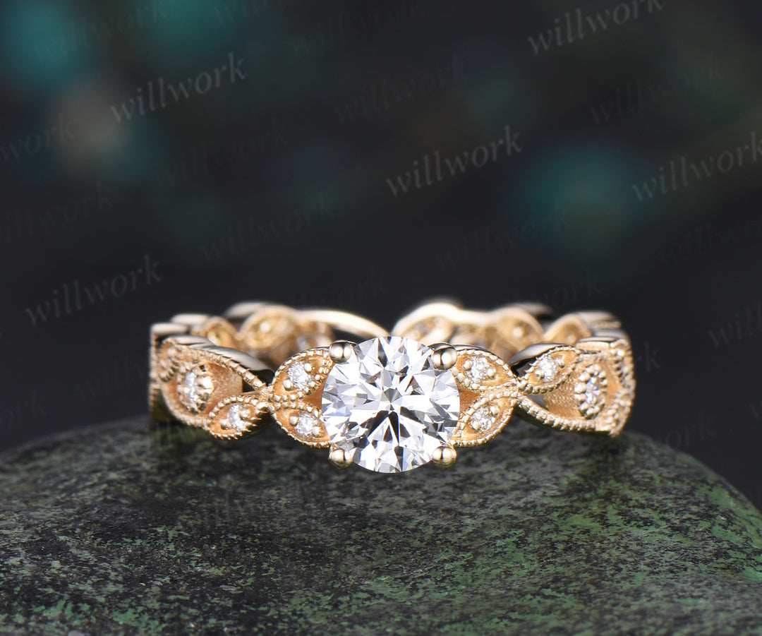 Vintage round cut lab grown diamond engagement ring full eternity art deco leaf Milgrain diamond promise ring women