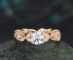 Vintage round cut IGI lab grown diamond engagement ring full eternity art deco leaf Milgrain diamond promise ring women