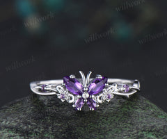 Vintage Butterfly Amethyst Engagement Ring Unique marquise cut purple amethyst silver white gold floral promise ring anniversary gift women