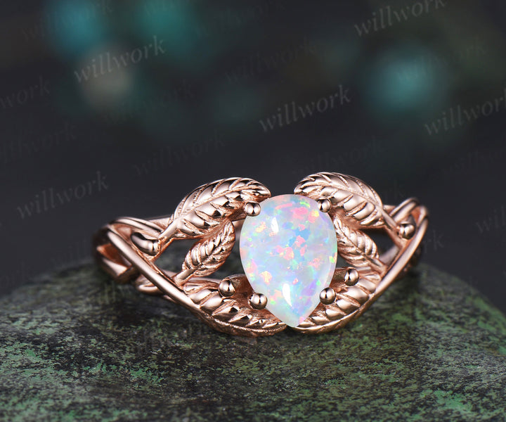 Pear shaped white opal wedding ring rose gold branch leaf Solitaire infinity engagement ring women Teardrop anniversary gift