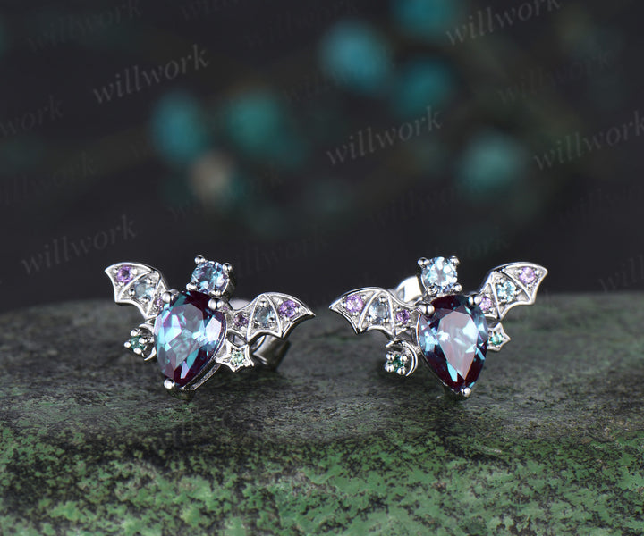 Vintage pear alexandrite bat stud earrings rose gold moon unique earrings emerald amethyst anniversary gift women