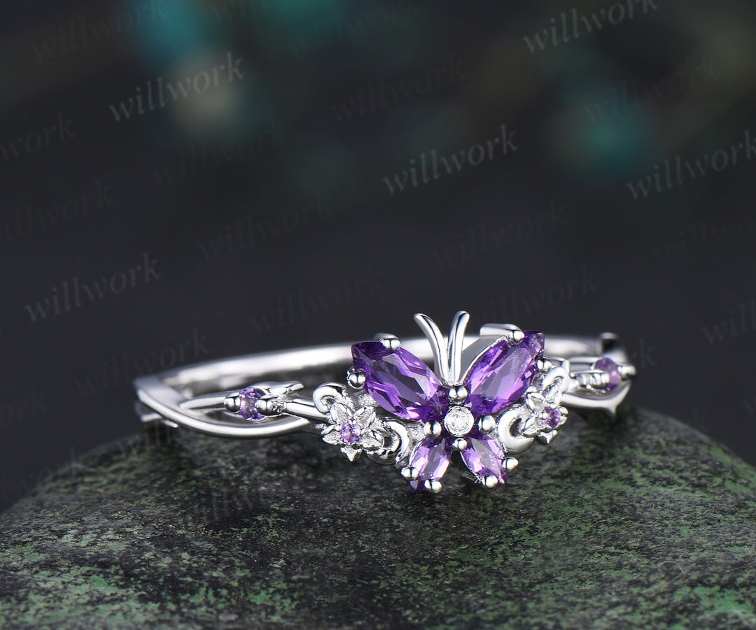 Vintage Butterfly Amethyst Engagement Ring Unique marquise cut purple amethyst silver white gold floral promise ring anniversary gift women
