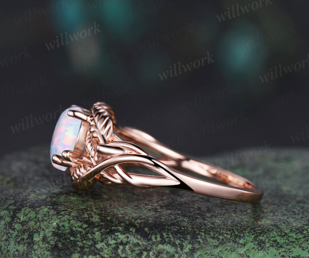 Pear shaped white opal wedding ring rose gold branch leaf Solitaire infinity engagement ring women Teardrop anniversary gift