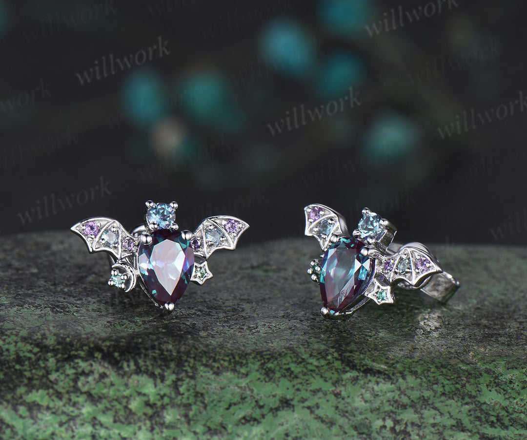 Vintage pear alexandrite bat stud earrings rose gold moon unique earrings emerald amethyst anniversary gift women