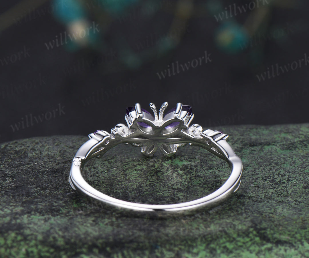 Vintage Butterfly Amethyst Engagement Ring Unique marquise cut purple amethyst silver white gold floral promise ring anniversary gift women