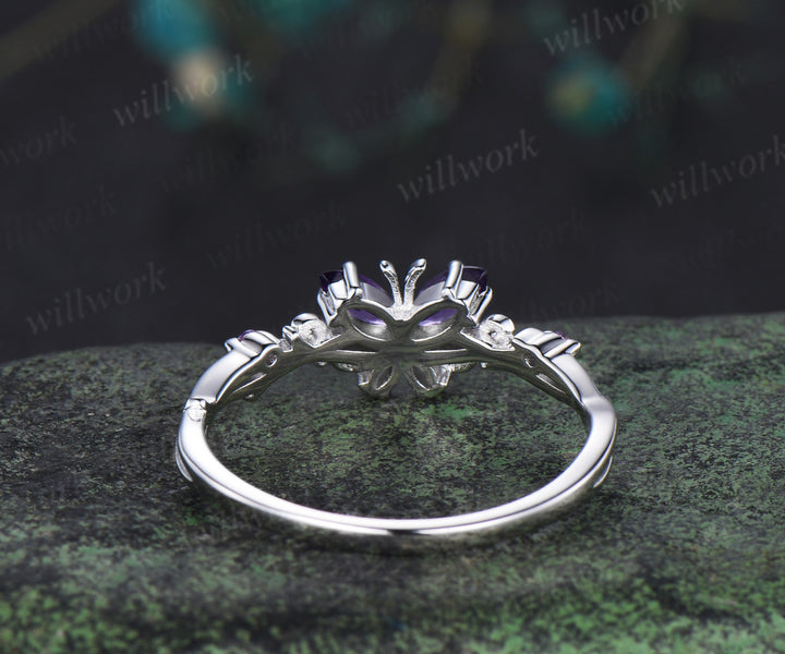 Vintage Butterfly Amethyst Engagement Ring Unique marquise cut purple amethyst silver white gold floral promise ring anniversary gift women