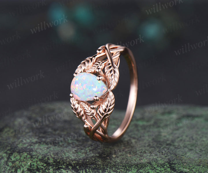 Pear shaped white opal wedding ring rose gold branch leaf Solitaire infinity engagement ring women Teardrop anniversary gift