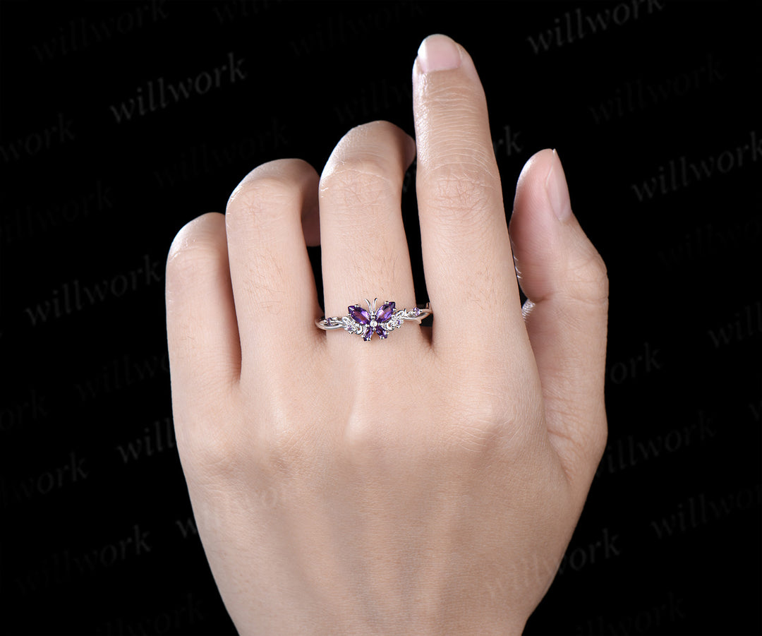 Vintage Butterfly Amethyst Engagement Ring Unique marquise cut purple amethyst silver white gold floral promise ring anniversary gift women