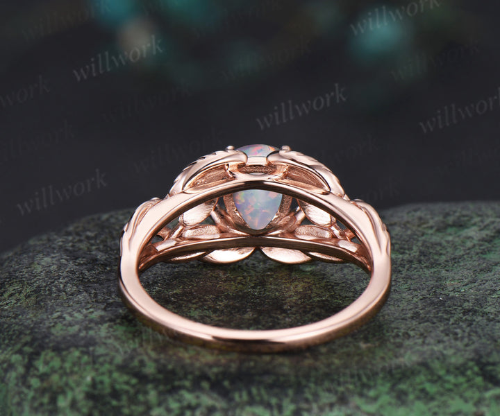 Pear shaped white opal wedding ring rose gold branch leaf Solitaire infinity engagement ring women Teardrop anniversary gift