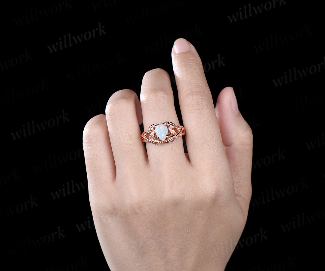 Pear shaped white opal wedding ring rose gold branch leaf Solitaire infinity engagement ring women Teardrop anniversary gift