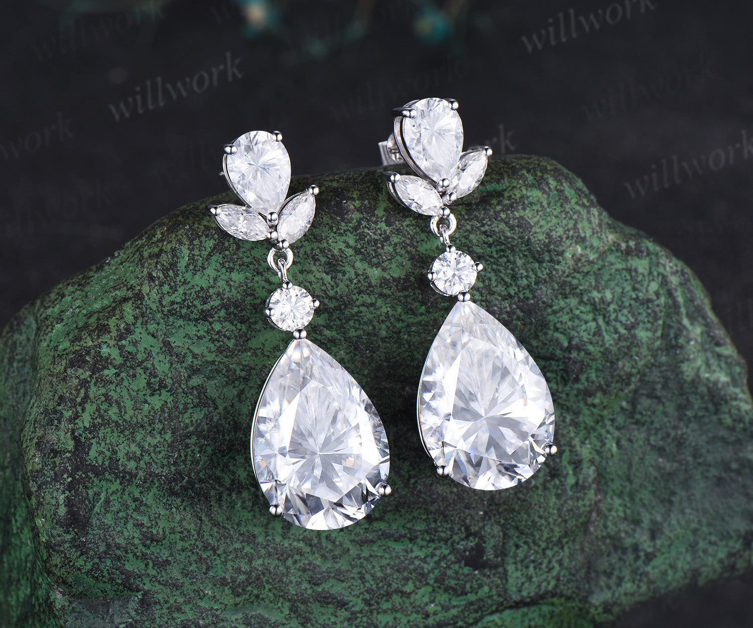 18ct pear big moissanite earrings solid 14k white gold cluster