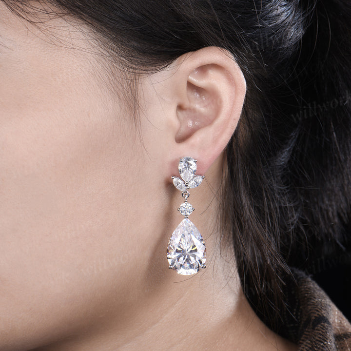 18ct pear big moissanite earrings solid 14k white gold cluster drop earrings women anniversary gift