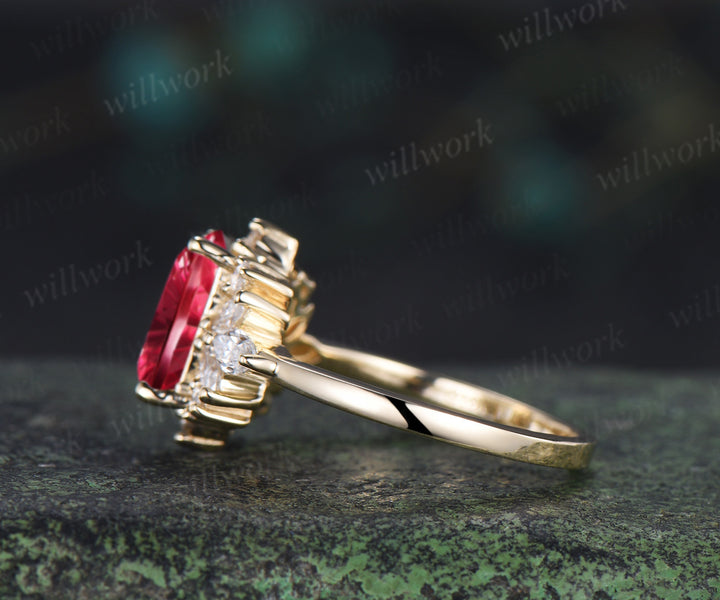 Fantasy Cut Ruby Engagement Ring Moissanite Cluster Ring Unique Red Gemstone July Birthstone Gifts for Her