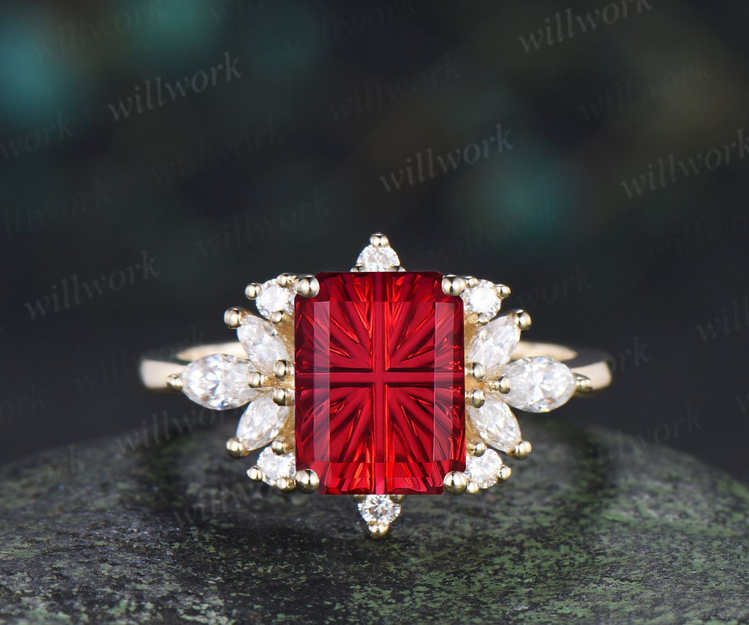 Fantasy Cut Ruby Engagement Ring Moissanite Cluster Ring Unique Red Gemstone July Birthstone Gifts for Her