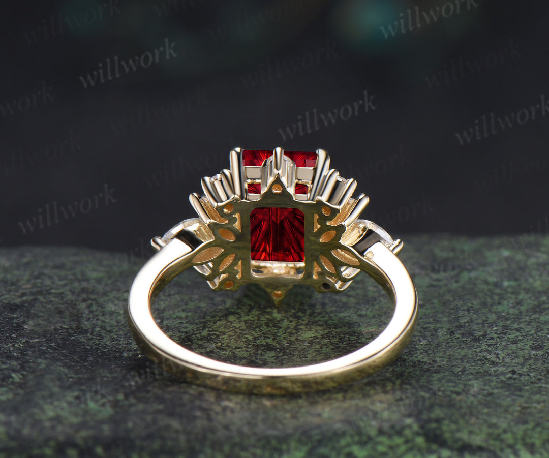 Fantasy Cut Ruby Engagement Ring Moissanite Cluster Ring Unique Red Gemstone July Birthstone Gifts for Her