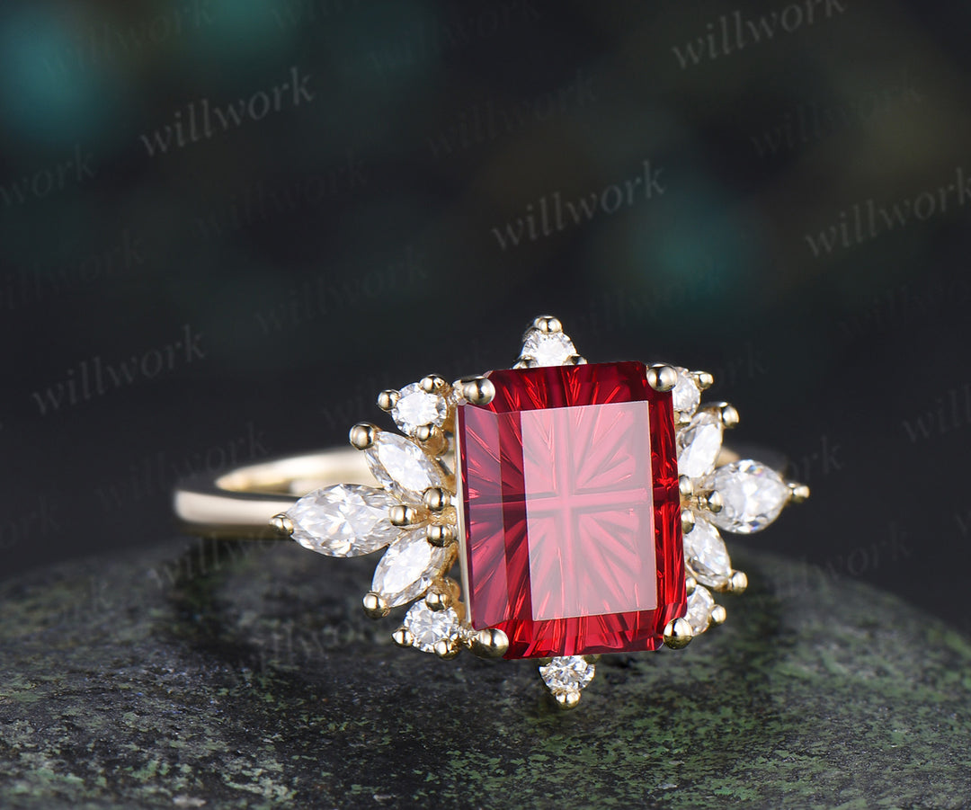 Fantasy Cut Ruby Engagement Ring Moissanite Cluster Ring Unique Red Gemstone July Birthstone Gifts for Her