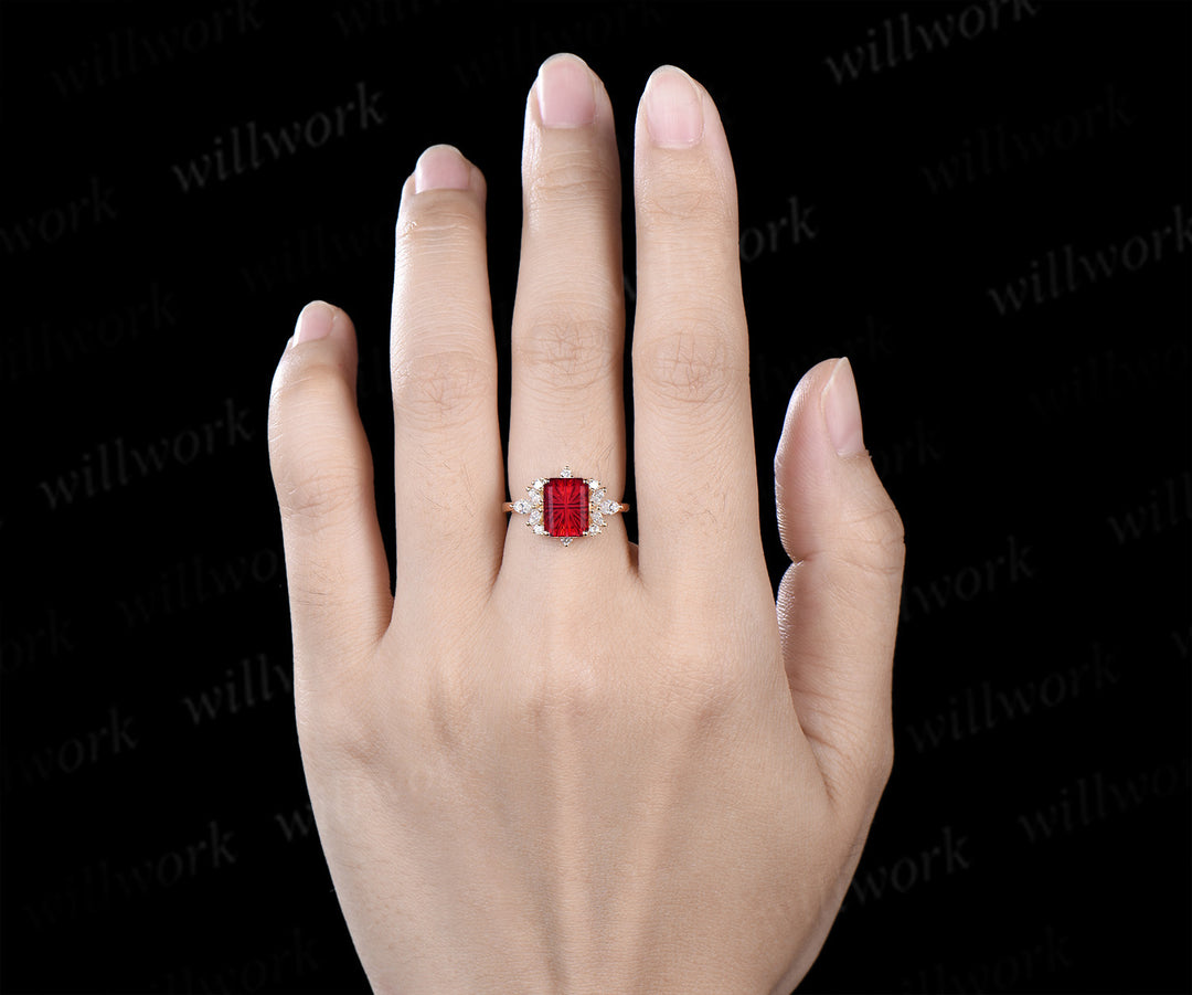 Fantasy Cut Ruby Engagement Ring Moissanite Cluster Ring Unique Red Gemstone July Birthstone Gifts for Her