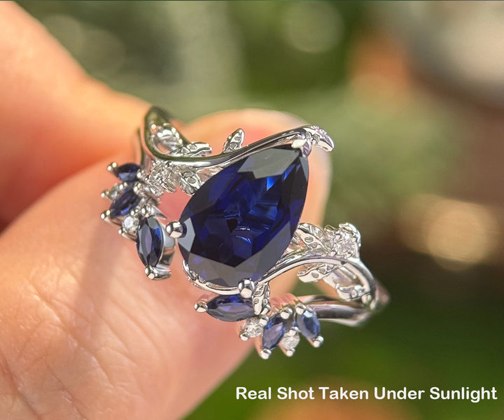 Pear blue sapphire leaf engagement ring set nature inspired big sapphire bridal set women jewelry