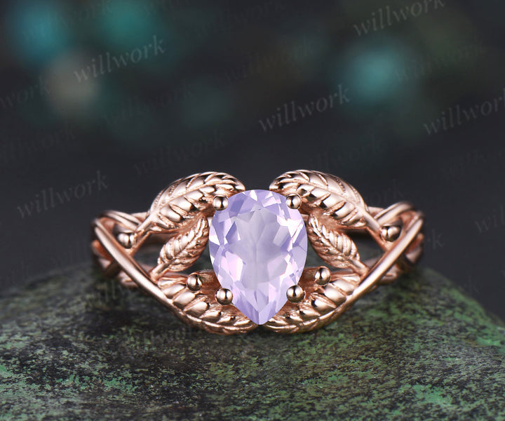 Pear cut Lavender Amethyst wedding ring rose gold branch leaf Solitaire infinity engagement ring women Teardrop anniversary gift