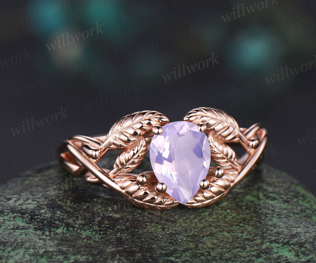 Pear cut Lavender Amethyst wedding ring rose gold branch leaf Solitaire infinity engagement ring women Teardrop anniversary gift